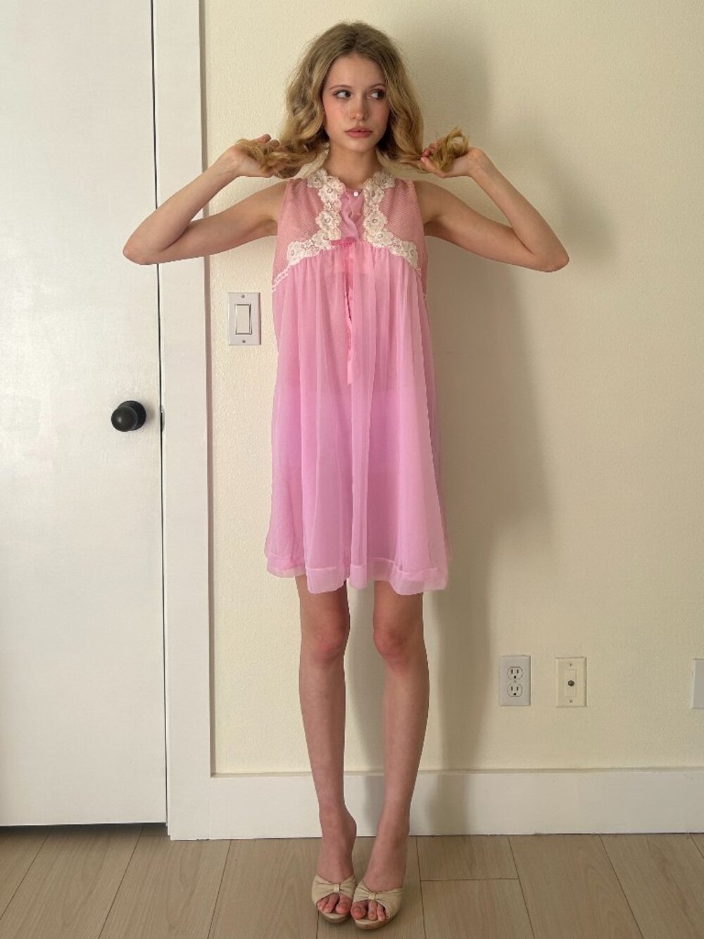60s Babydoll Dress (L) large pink vintage mini nightie sheer coquette pinup cute